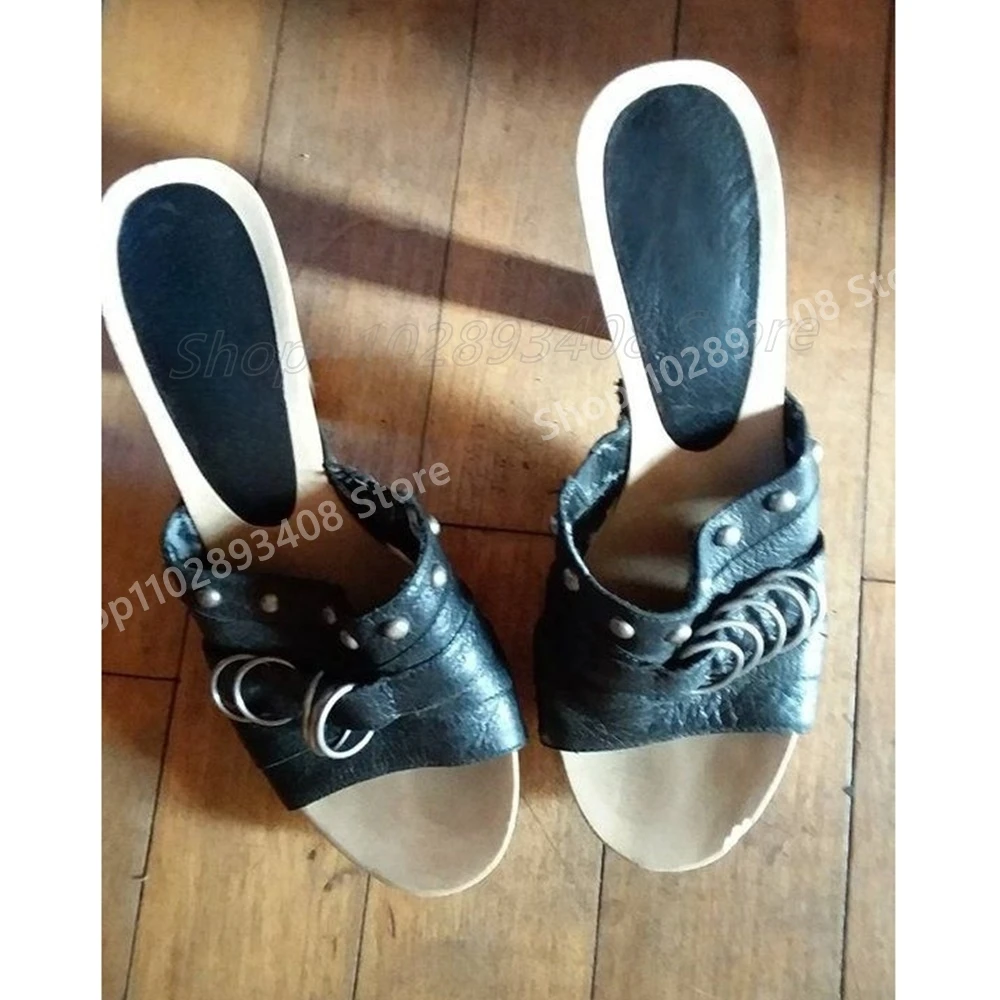 

Black Metal Round Rings Decor Slippers Open Toe Matte Chunky High Heel Elegant Fashion Women Shoes 2025 Summer ew Para Mujere
