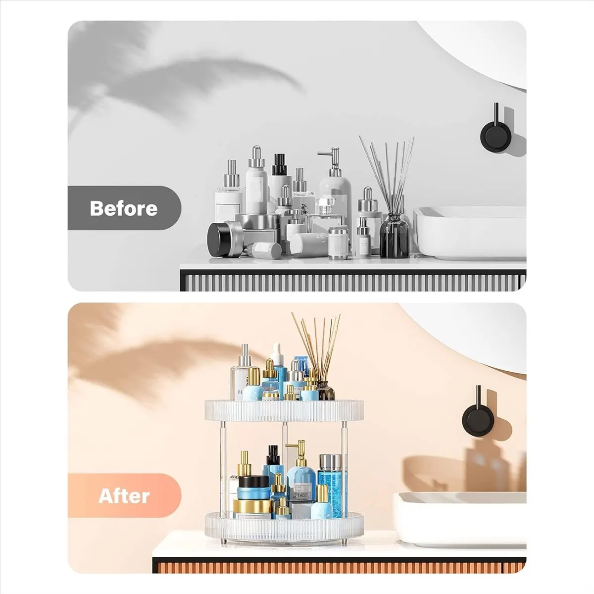

A20I 360° Clear Rotating Storage Tray, 2 Tier Lazy Susan Bathroom Countertop Organizer, Cosmetics and Perfume Organizer