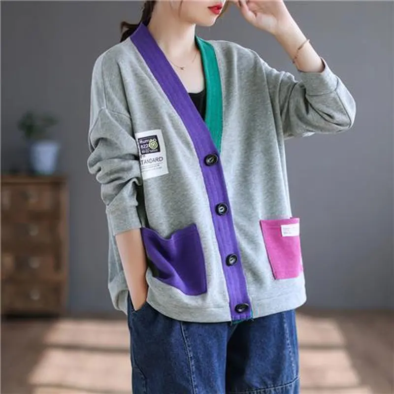 Female V-Neck Cardigan Stylish Streetwear Single-breasted Casual Solid Color Patchwork Contrasting Colors Autumn Winter Sweaters