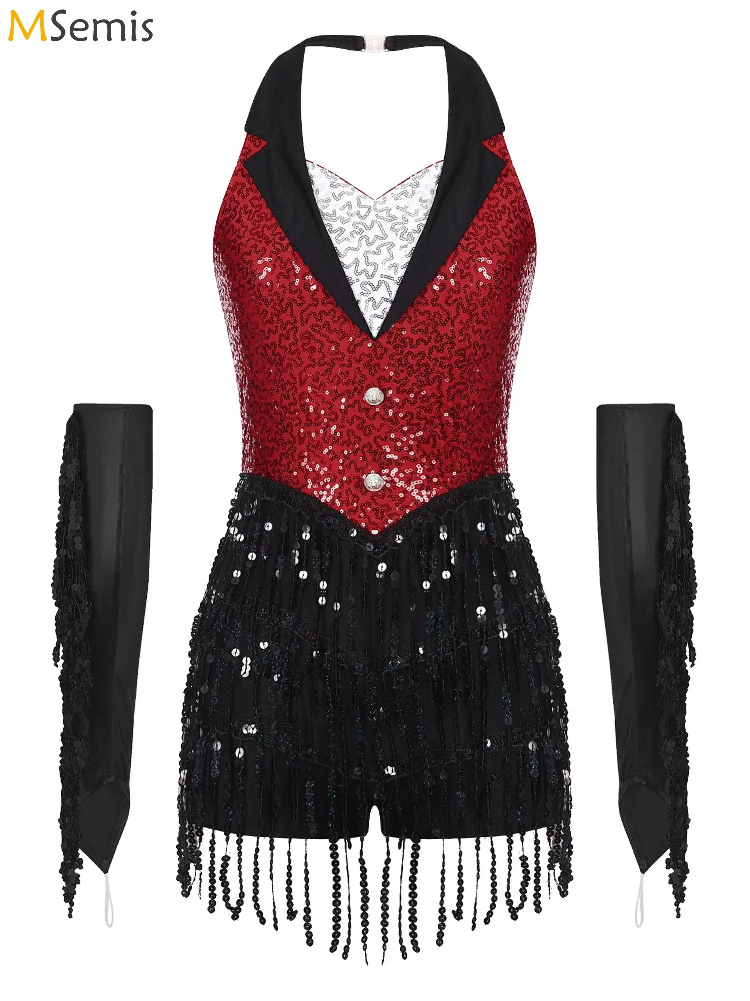 

Женский блестящий джазовый костюм для латинских танцев, Холтер с открытой спиной и блестками, трико с бахромой, комбинезон, перчатки с кисточками, одежда для латинских танцев