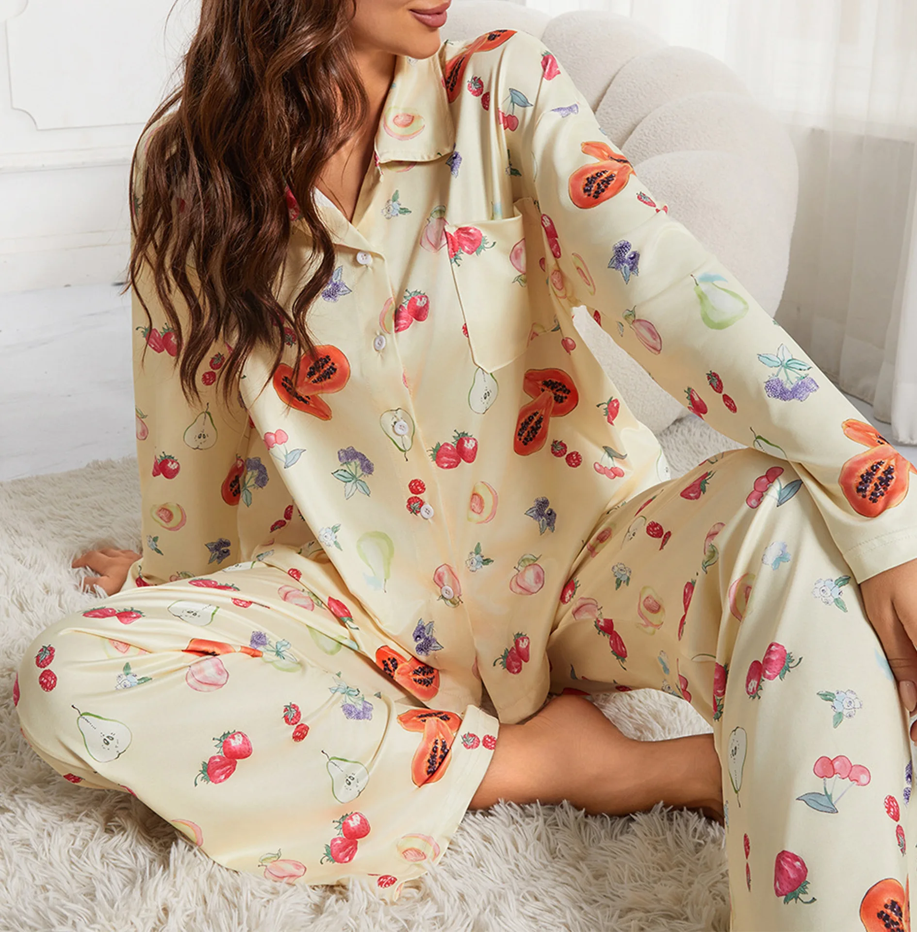 Long-sleeved printed pajamas split irregular trousers loose suit women\'s household clothes