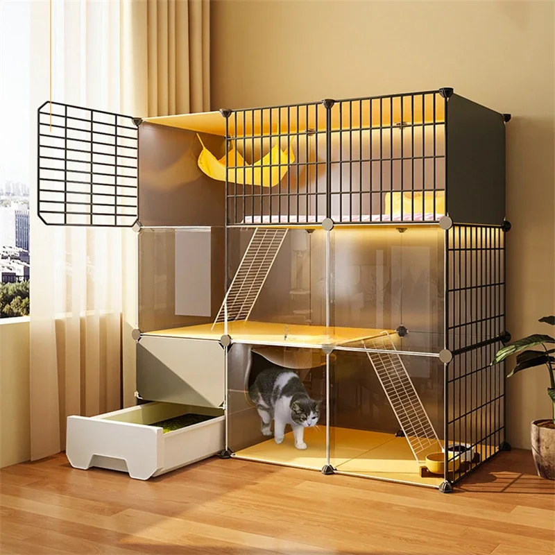 

Modern Luxury Cat Villa with Cat Litter Box Toilet Transparent Cat Cages Home Large Space Pet House Fence with Climbing Ladder