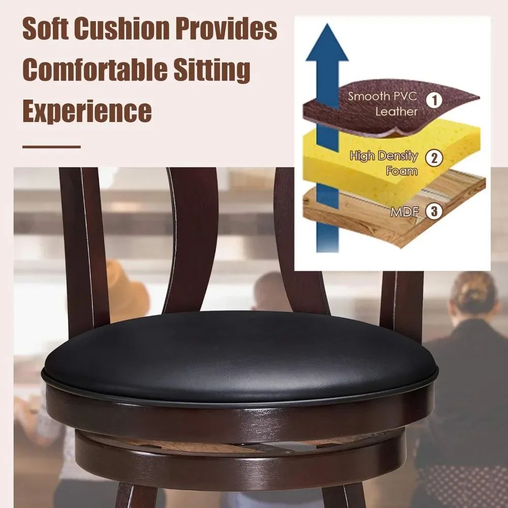 Bar Stools Set of 2, 360-Degree Swivel Stools with Leather Padded Seat, Single Slat Back & Solid Rubber Wood Legs