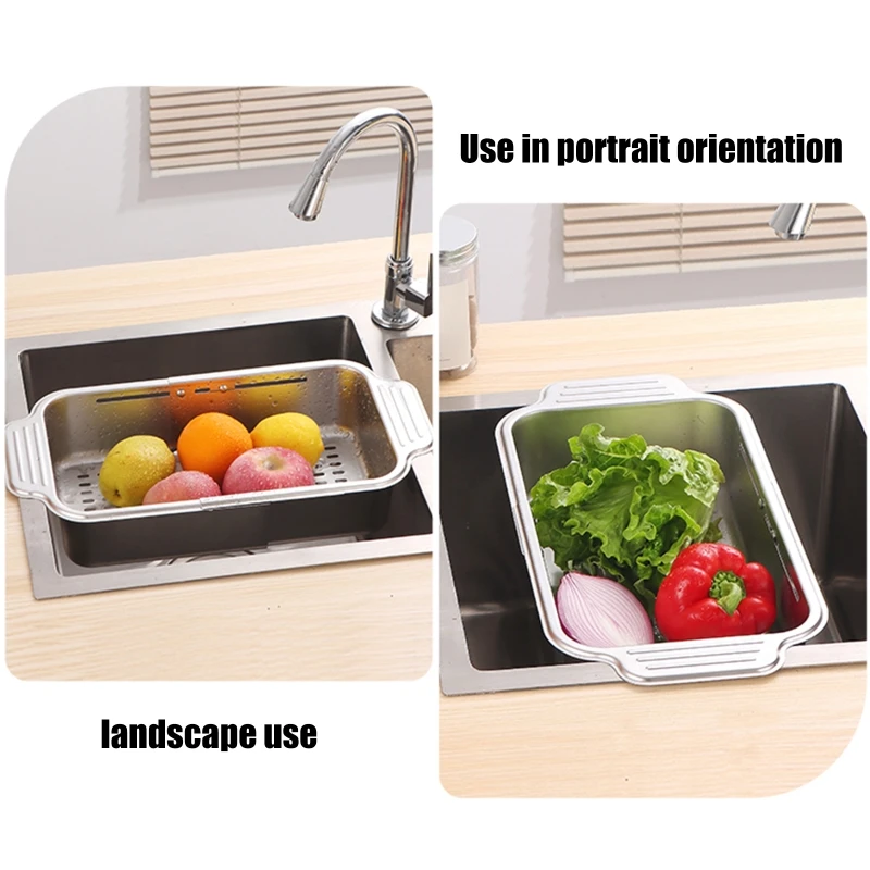 K1KA Expandable Dish Drying Rack Retractable Drain Basket Stainless Steel Sink Organizer for Vegetable, Fruit, Tableware