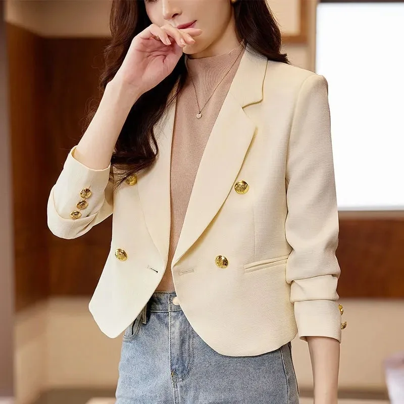 Fashion Double-Breasted Women Blazers Korean Notched Cropped Suit Jacket Ladies Casual Solid Long Sleeve OL Office Lady Blazer