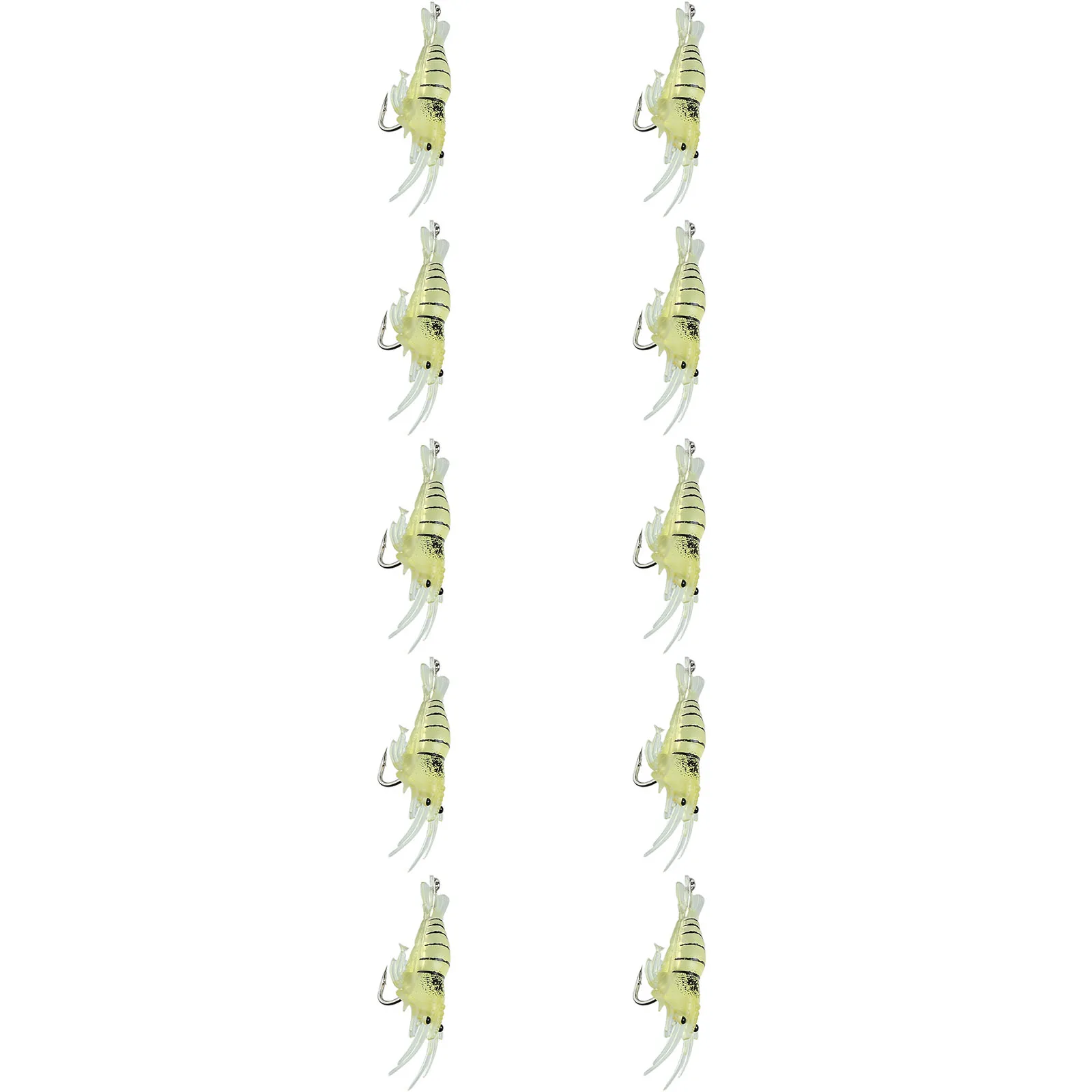 Package of 10 Soft Silicone Shrimp Lures with Hooks for Freshwater and Saltwater Fishing Featuring Rotating Tail Design
