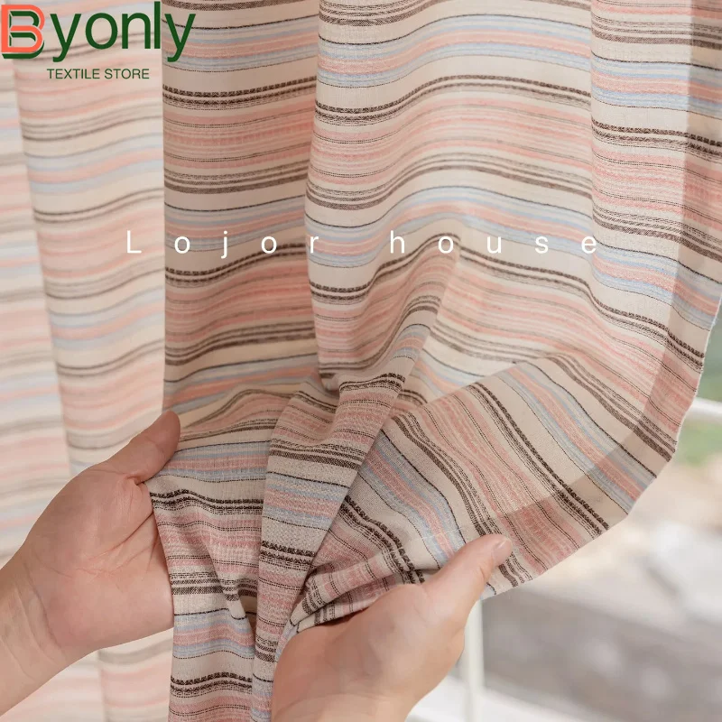 Cotton Pink Horizontal Stripe Girl Lace Curtains for Bedroom Living Room French Window Customized Finished Product