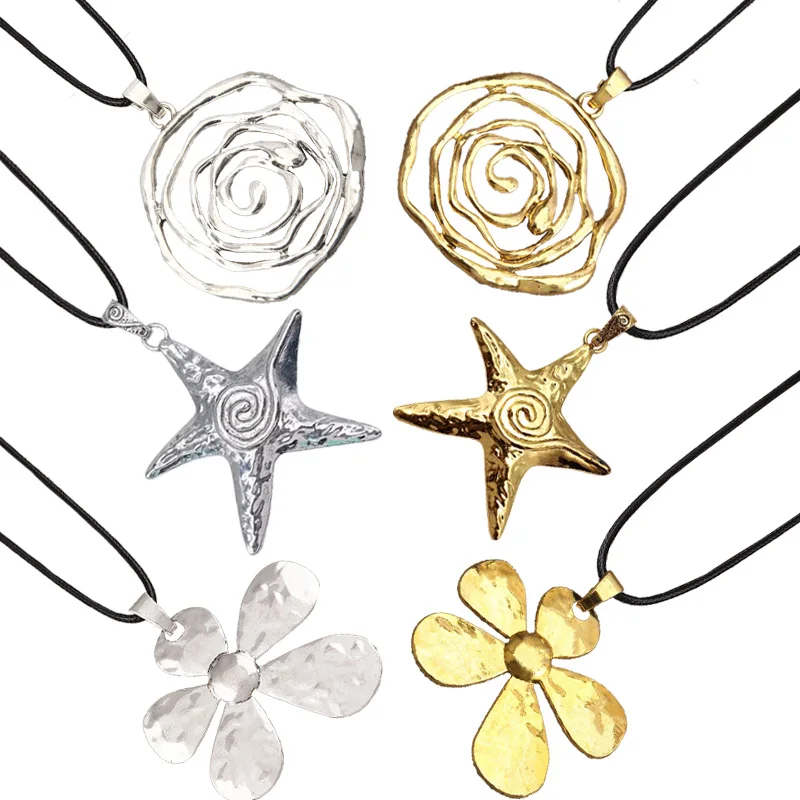 

1pc Antique Gold/Silver Color Hammered Flower/Seastar/Round Pendant On Long Wax Rope Chain Necklace Women's Jewelry Daily Wear