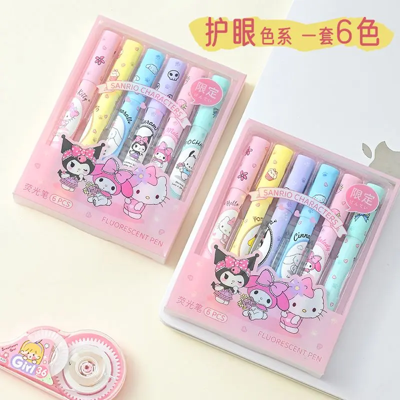 MINISO Anime Kawaii Ins Cinnamoroll My Melody Highlighter Pen Cute Cartoon Kuromi Student Marker Pencil Colorful Gifts for Kids