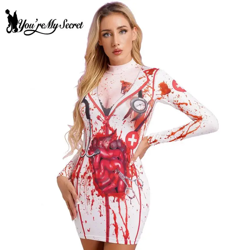 [You're My Secret]Halloween Long Sleeve Bodycon Dresses Skeleton Printed Adult Women Nurse Cosplay Costume Party Themed Dress Up