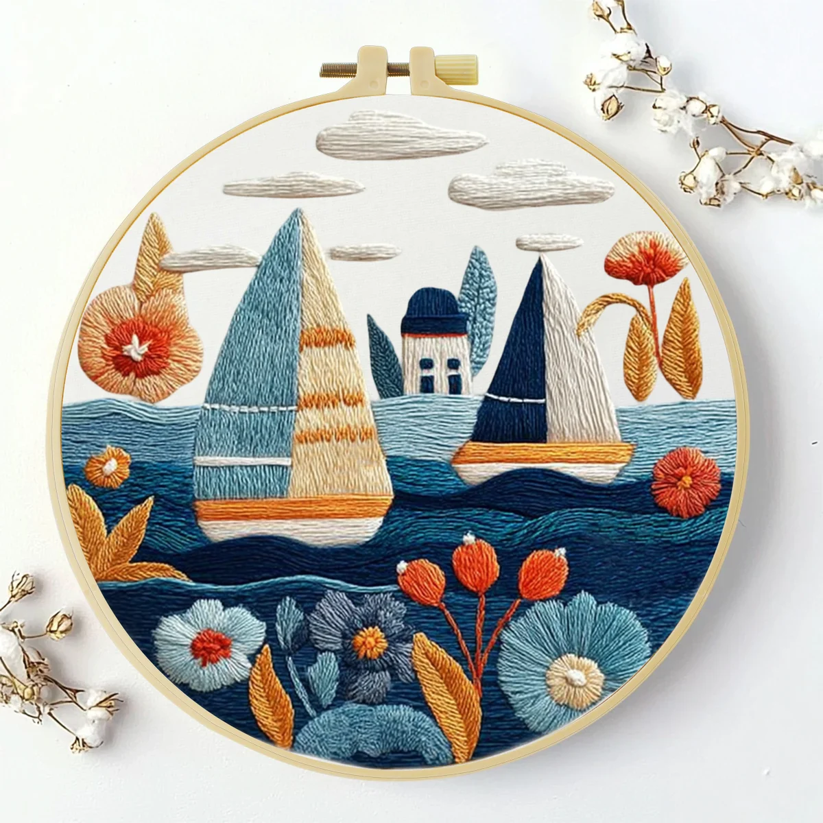1 Stück 20X20CM/15X15CM 7,87/6,3 Zoll Segelboot Stickerei Starter-Kit DIY-Kit DIY-Stickerei-Set Handarbeiten Nähkunst – Detail 1