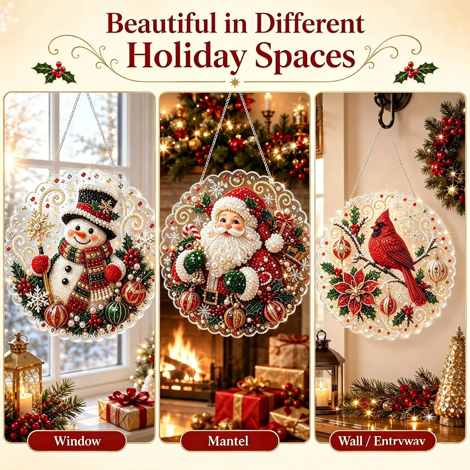 Christmas Pearl Diamond Painting Suncatcher Kit DIY Craft Pre-Assembled Metal Chain Acrylic Round Board with Lace for Wall Decor view 6