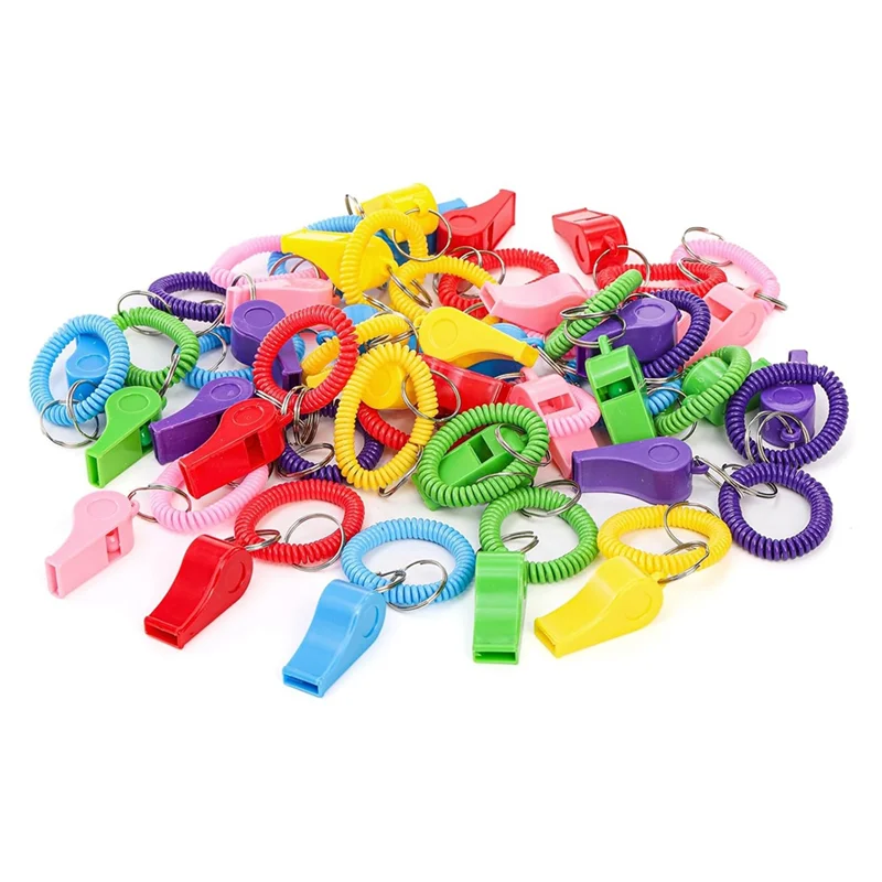 

Premium Bulk Pack Of 30 Plastic Sport Whistles With Stretchable Wrist Bracelets, Keychain Rings For Referees, Coaches