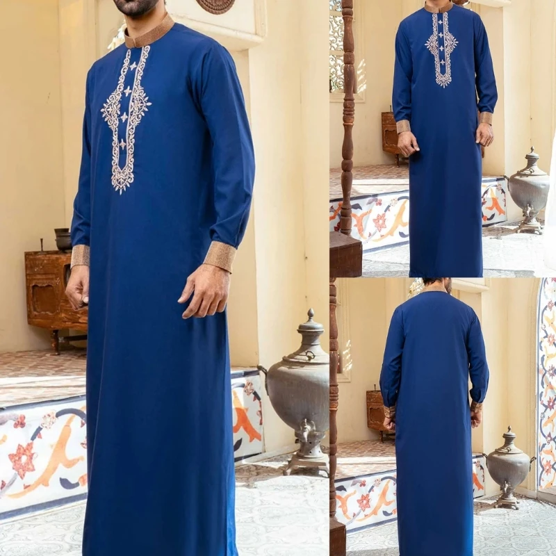 634C Mens Embroidery Robe Muslims Clothing Saudi Arabic Robe Long Sleeves Kaftan Thobe Muslims Dress Middle East Jubba Thobe