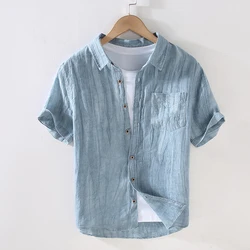 Designer New Short Sleeve Casual 100% Linen Quality Shirt Men Brand Trend Breathable Top Clothes Chemise Homme