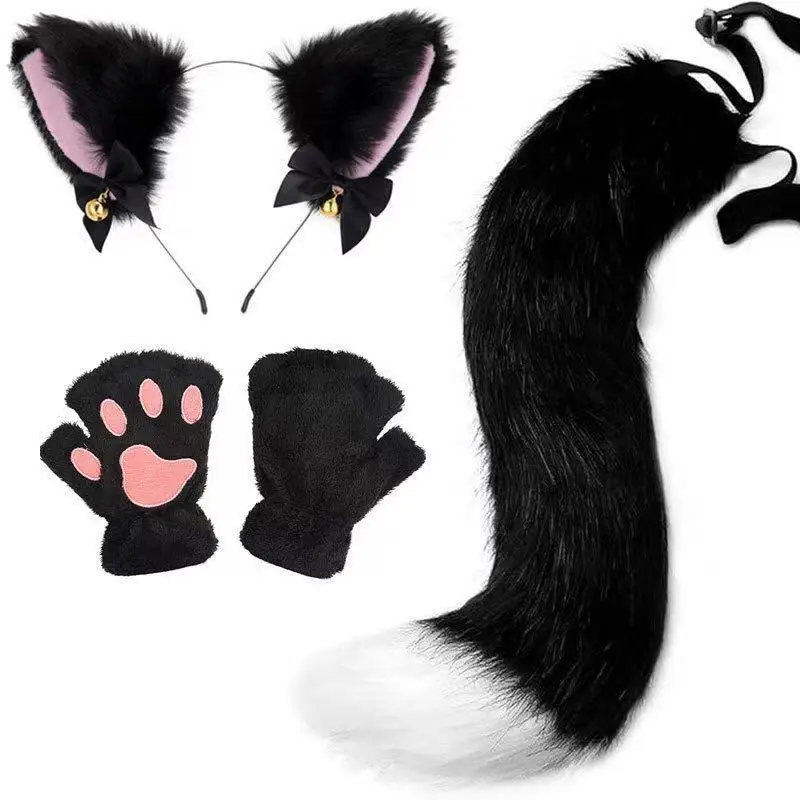 Handgefertigte Katzenohren-Glocken-Stirnband- und Schwanz-Accessoire-Sets, schwarz, pelzig, für Halloween, Cosplay, Party, Tanz, Performance, Bekleidung, Kostüm-Requisiten – Detail 7