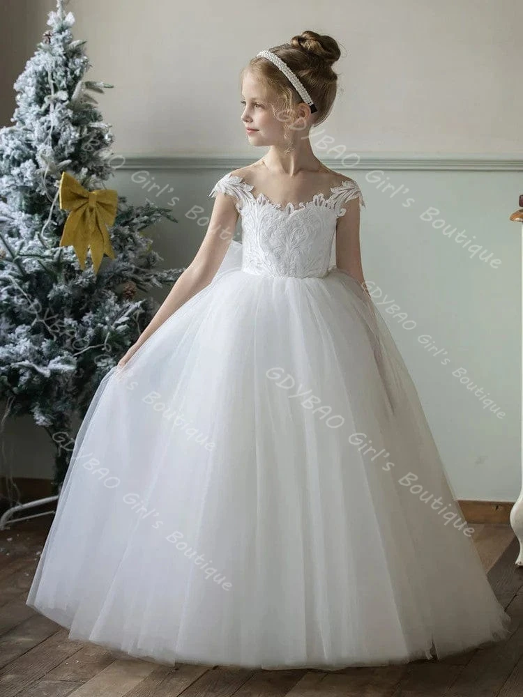 فستان زفاف صغير أبيض على شكل حرف a/أميرة للفتيات على شكل زهرة ورقبة شفافة من الدانتيل تول فستان التواصل الأول مع فيونكة مخصصة