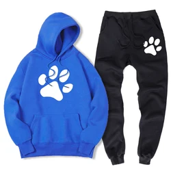 Kawaii Cartoon Dog Paw Print Men Sweatshirt + Sweatpant Winter Warm Fleece 2 Piece Sets Loose Oversize Sportswear Suit Male