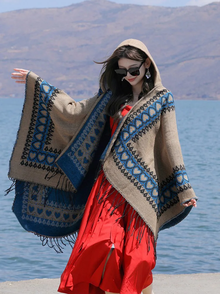 GypsyLady Vintage Knitted Chic Cloaks Capes Hooded Boho Spring Auturm Warm Blue Women Ethnic Capes Tassels Cloak Poncho Outwear