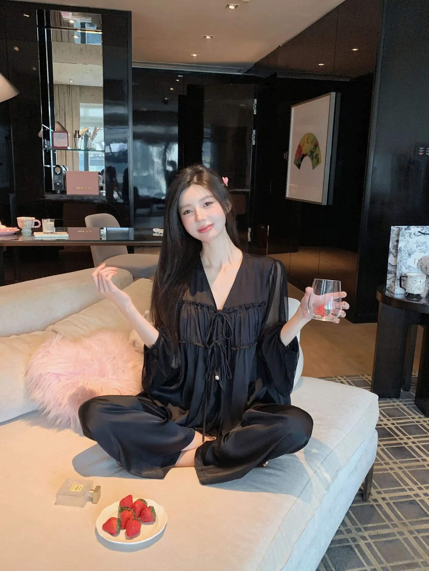 French strap court style sweet ice and snow silk pajamas for women spring and summer mesh long sleeved long pants, home clothes