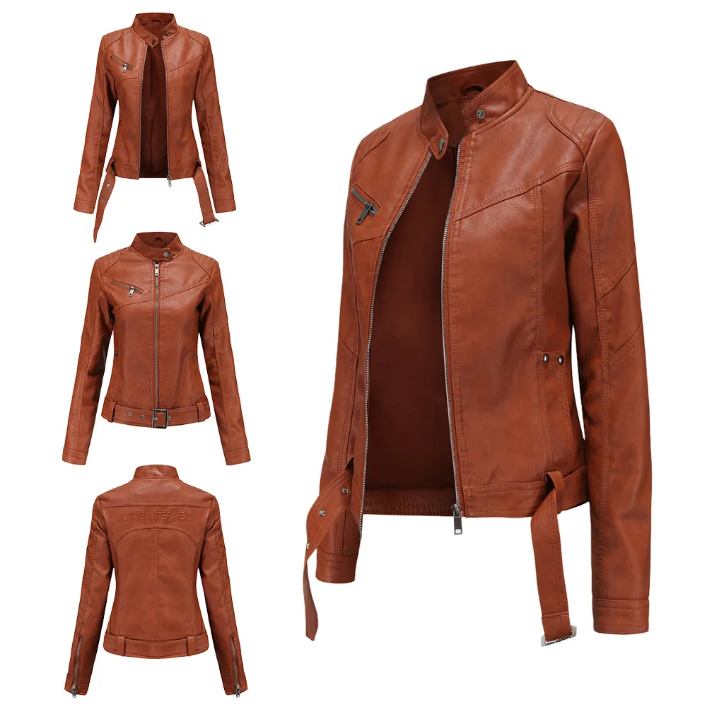 Spring and Autumn Jacket Female Casual Jacket Biker Leather Jacket Large Size Slim Leather Jacket Standing Collar Thin Section