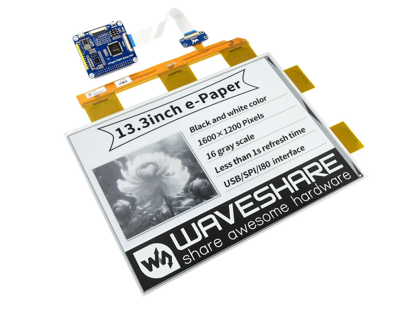 

Waveshare 13.3inch e-Paper e-Ink Display HAT For Raspberry Pi, 1600*1200 resolution, 16 Grey Scales, Supports partial refresh