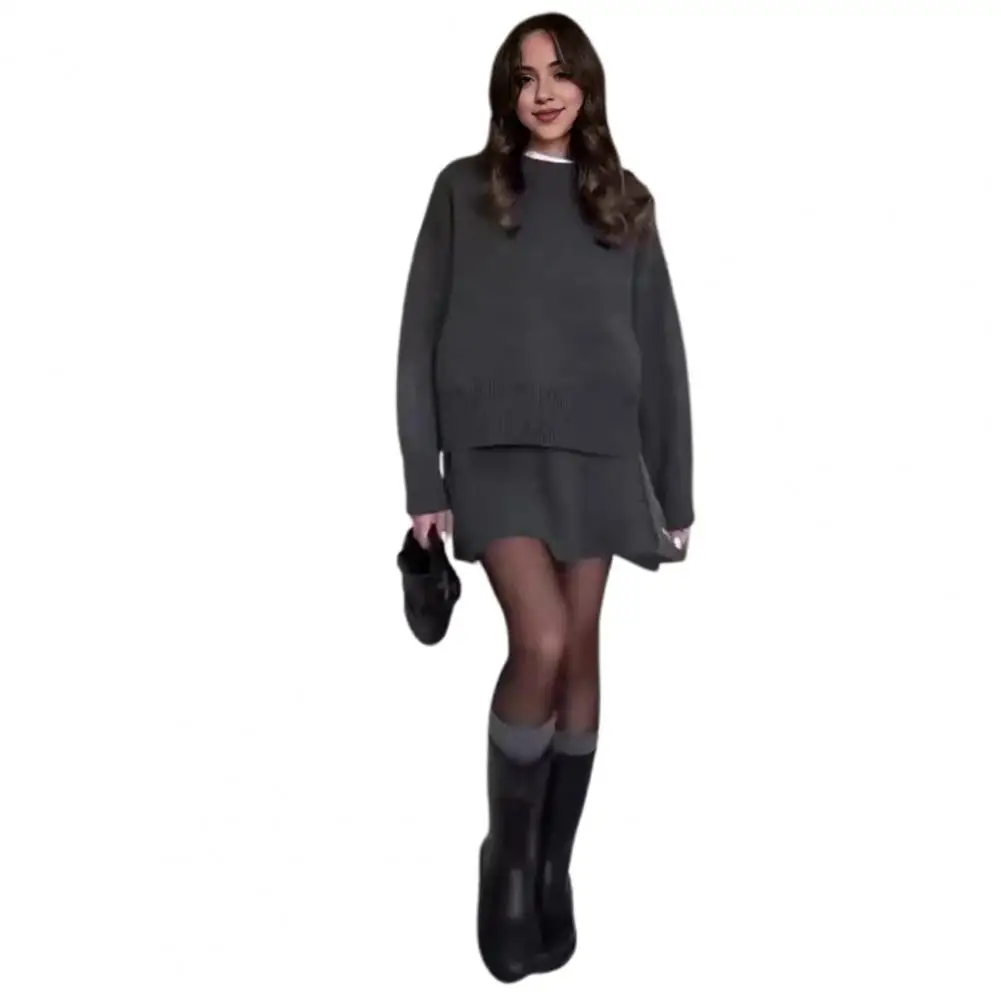 2Pcs/Set Pullover Sweater Skirt Set O-Neck Long Sleeve Knitting Tops Mid-rise A-Line Mini Skirt Set Solid Color Casual Outfit