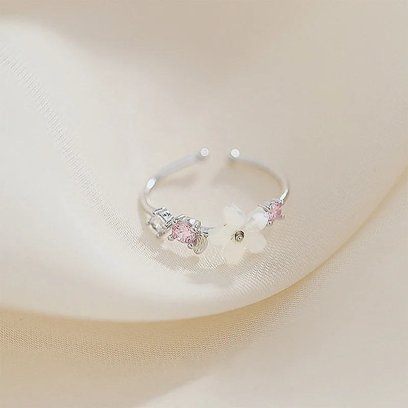 Neuer Kristallblumen-Zirkon Offener Ring Kirschblüten Sakura-Blatt Verstellbare Hochzeitsringe für Frauen Süßes Schmuckgeschenk – Detail 4