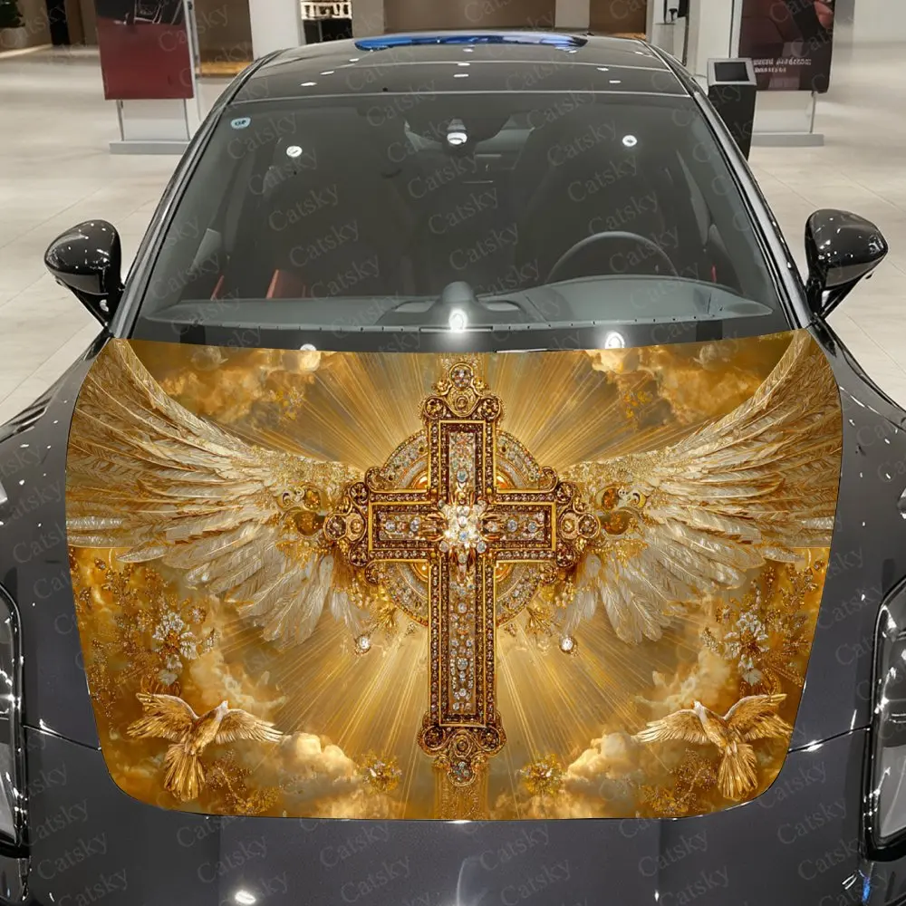

Golden Wing Stigmata Car Vinyl Wrap, PVC Waterproof Car Hood Sticker, Self-Adhesive Scratch-Resistant Stickers