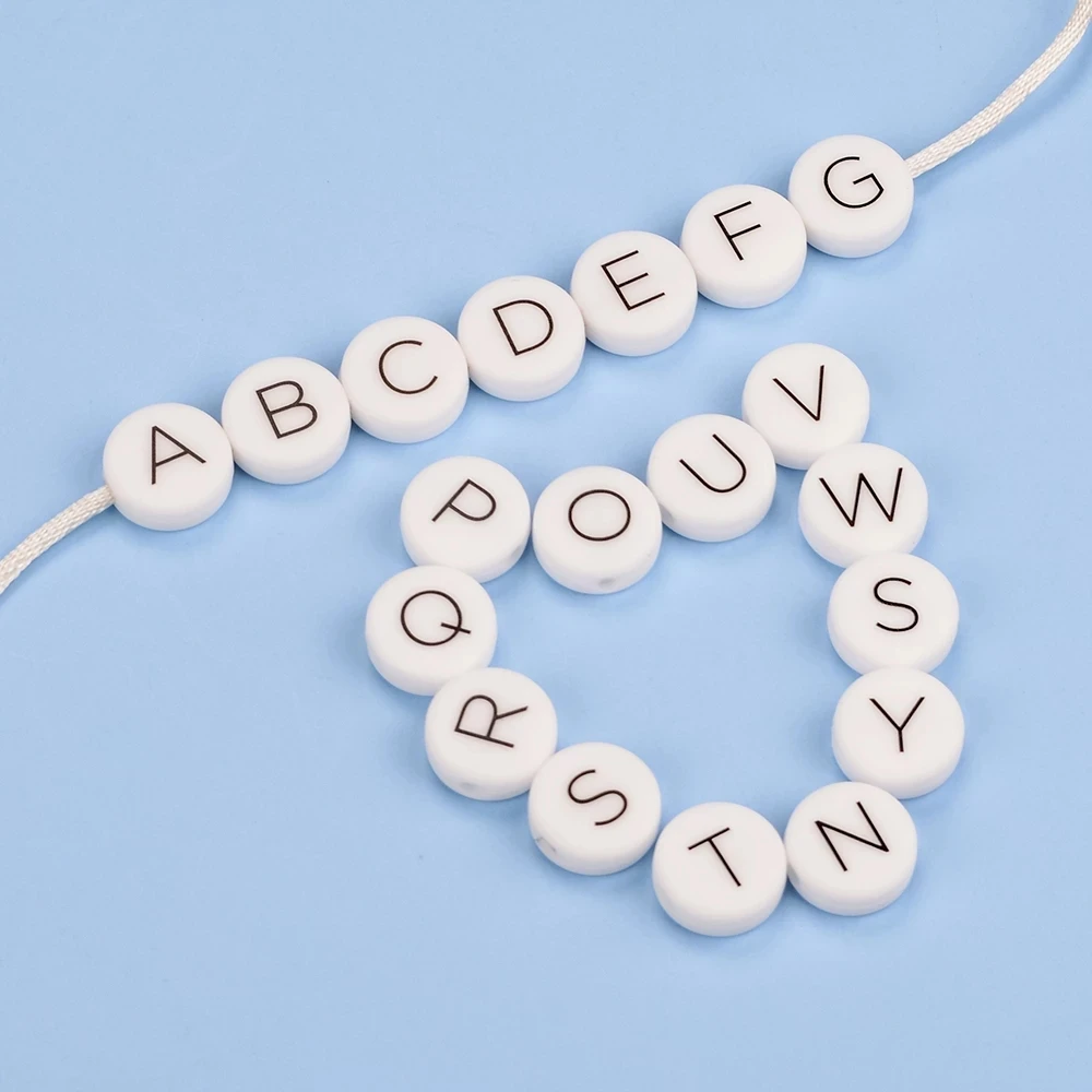 LOFCA 12mm 100pcs Food Grade Round Flat Silicone Beads Baby Teeth Pacifier Chain Loose Chew Alphabet Beads Personalized Name DIY