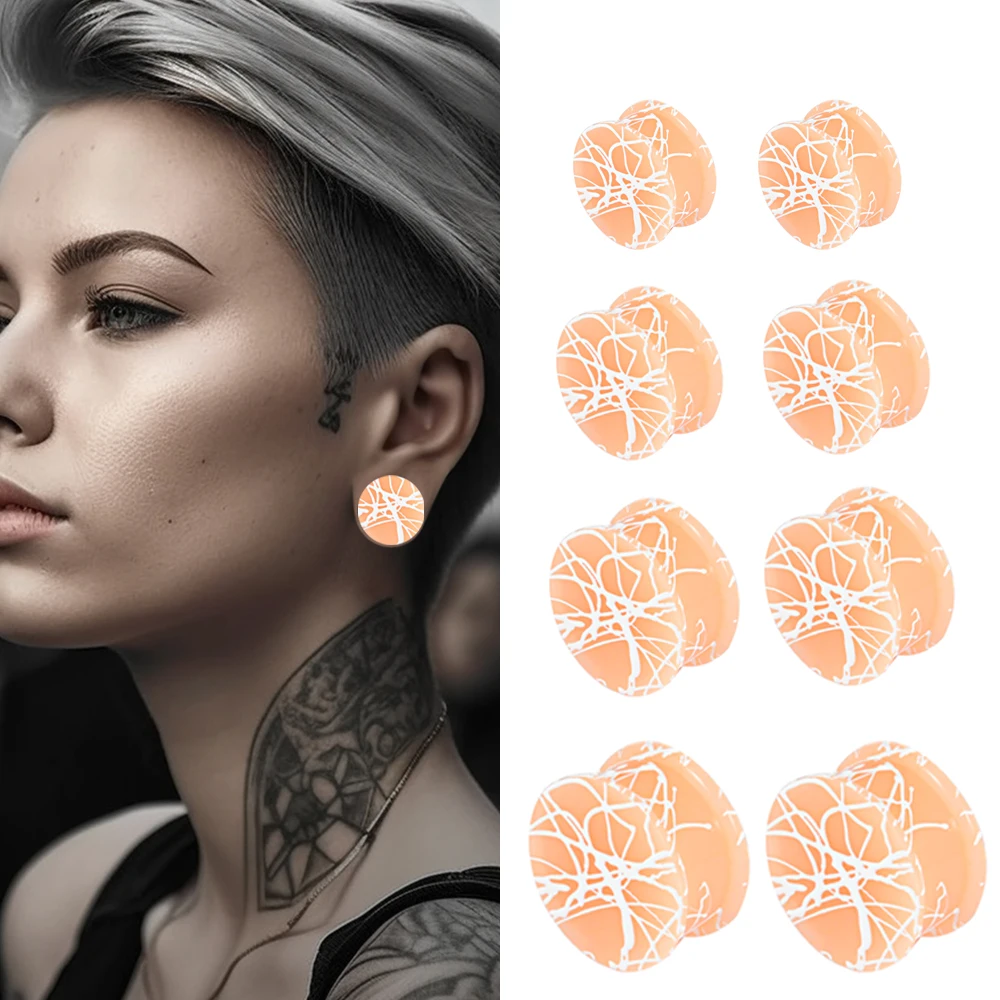 Pair Orange White lines Silicone Double Flare Plugs Large Gauge Ear plugs Ear Gauges Supersize Ear Expander Piercings 3mm-50mm