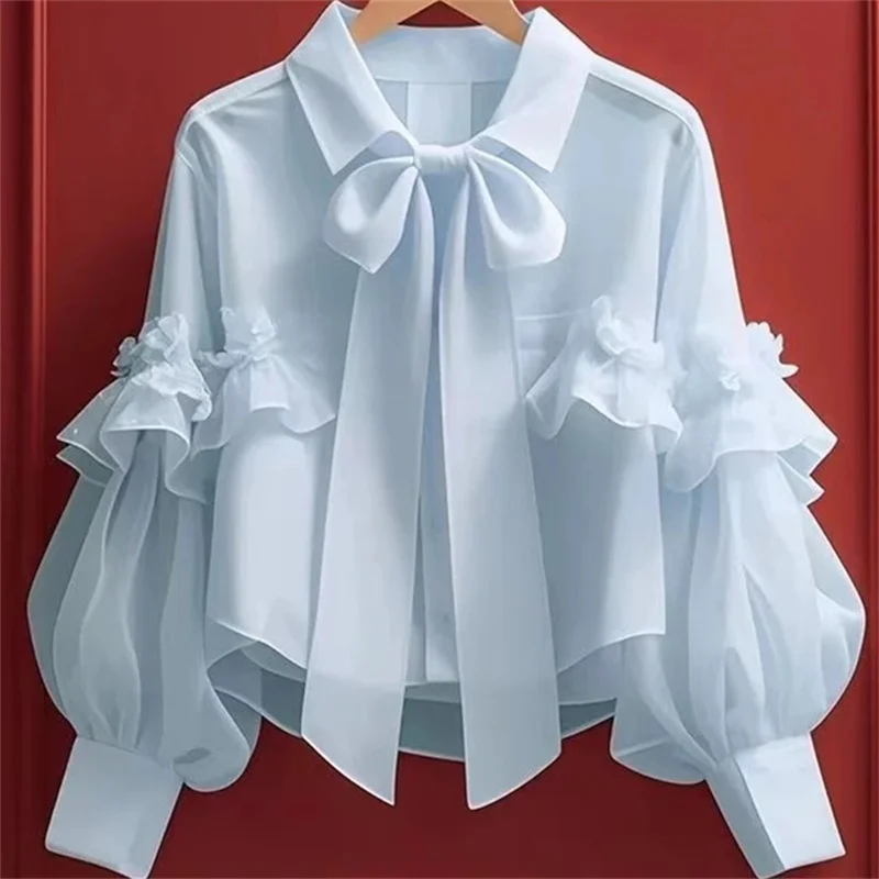 2025 봄 가을 새로운 여성 프랑스어 달콤한 블루 보우 짧은 셔츠 우아한 다목적 느슨한 카디건 숙녀 긴팔 블라우스상의