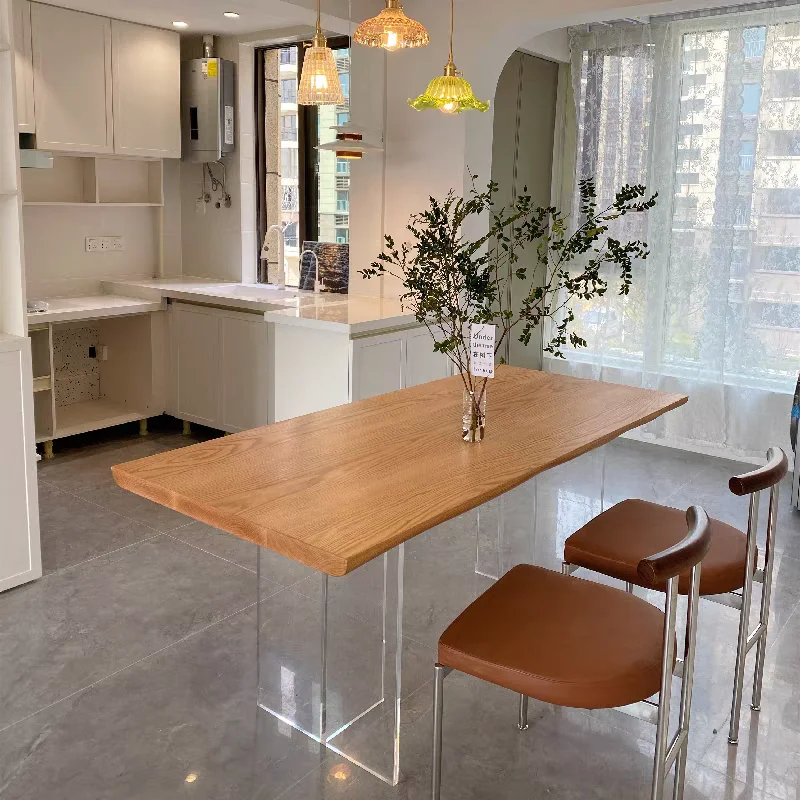 طاولة طعام من الخشب الصلب المعلقة المقاومة للماء من الأكريليك، طاولة أنيقة متينة من الرماد الياباني، أثاث غرفة الطعام المتين
