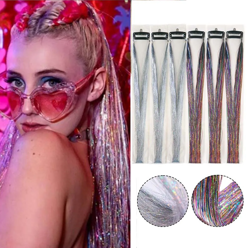 6 Pcs 20 inch Clip In Hair Tinsel Kit Hair DIY Glitter Hair Dazzle  Synthetic Clip In Tinsel Hair Extensions Accessories