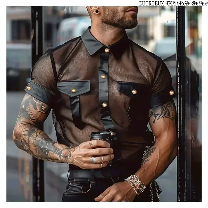 

Men's sexy See-through mesh shirt men's PU leather patchwork shir motorcycle super cool mesh men shirt punk party men's clothing