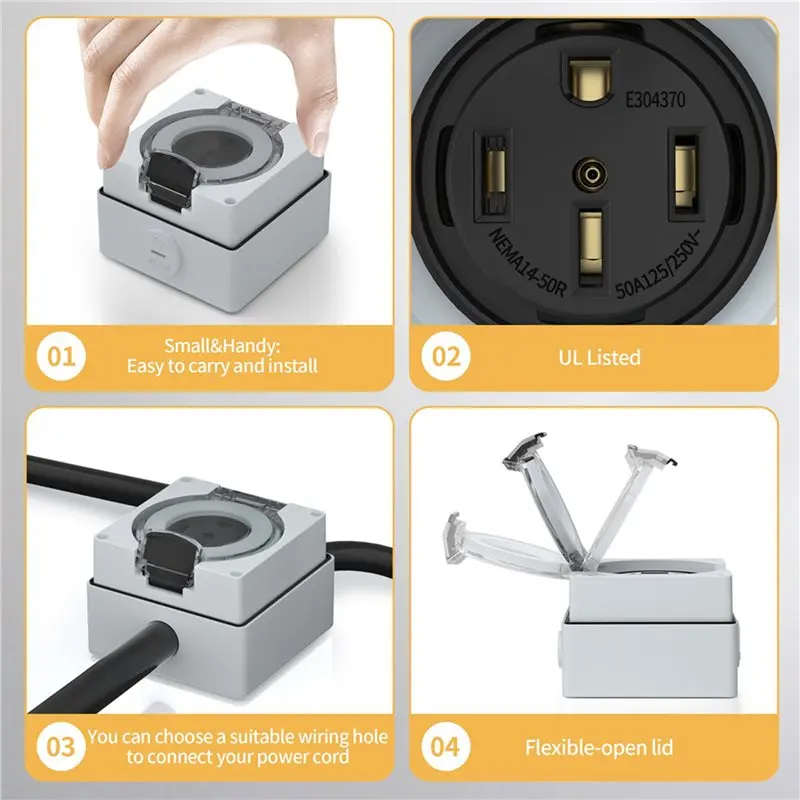 ABZL 6X 50Amp Power Outlet Box,125/250Volt NEMA 14-50R Receptacle Outdoor Dustproof And Weatherproof For Electric Vehicles