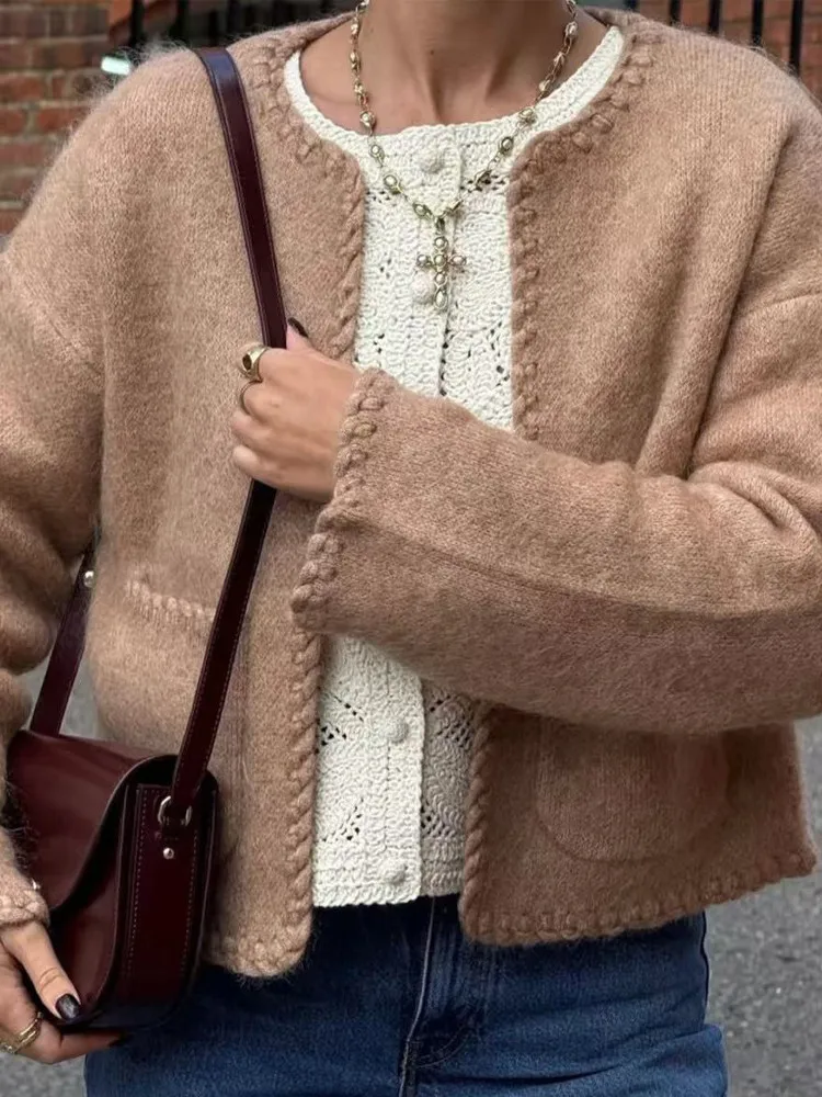 

Women's Soft Skin-Friendly Knitted Sweater, Round Neck Hook Edge Long Sleeves Simple Elegant Versatile Cardigan