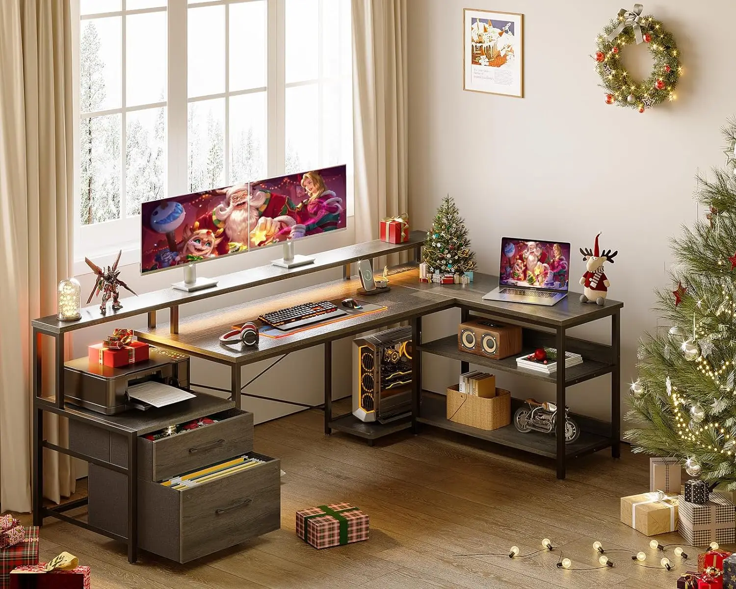 Bureau en forme de L avec classeur, bureau d'ordinateur de forme réversible avec prise de courant et bande LED, bureau avec étagères de rangement