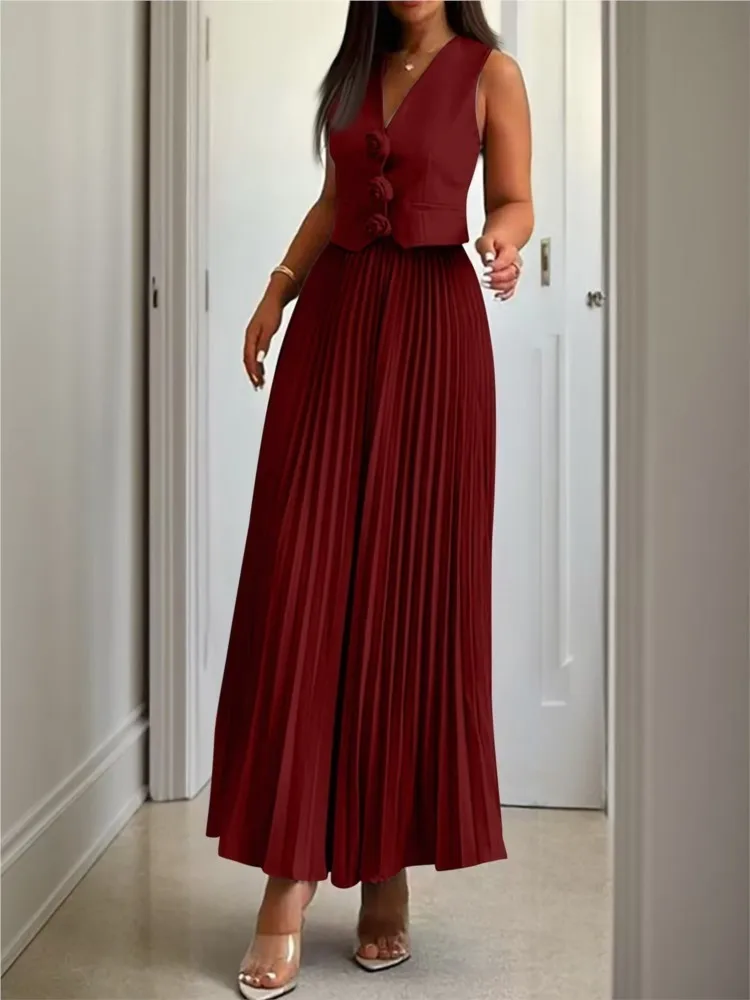 

Comfortable Casual Vest Waist Pleated Skirt Set Women's Simple Solid Color Temperament Elegant Sweet Cool Style Two-piece Set