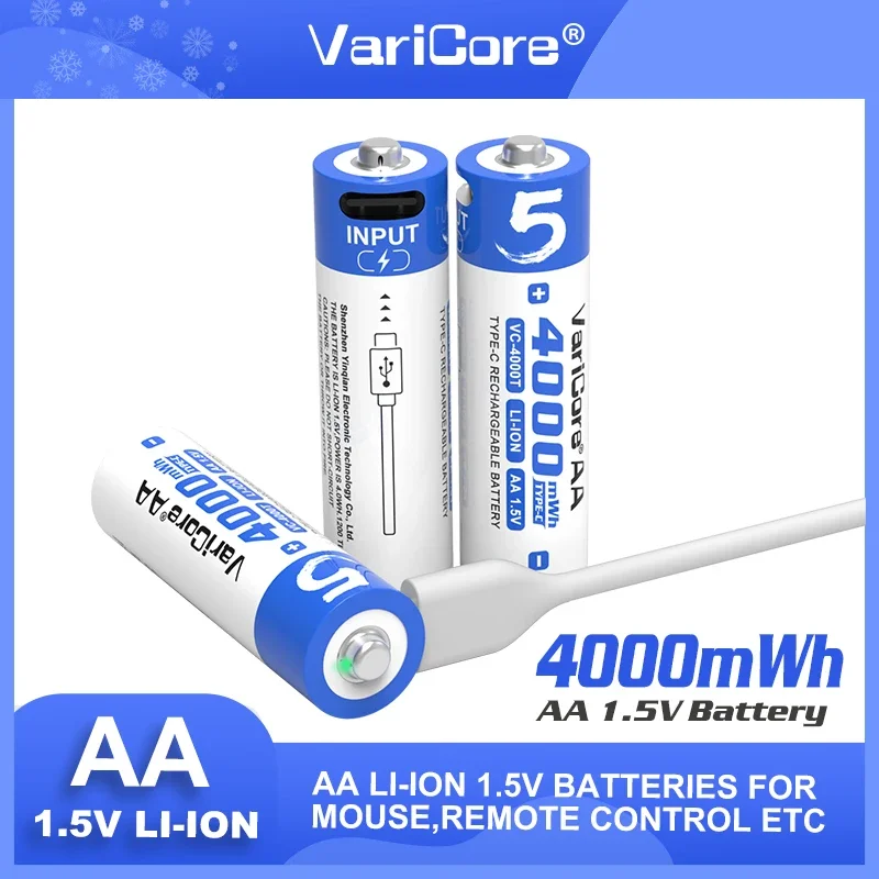 

1-40PCS Varicore AA 1.5V 4000mWh Large Capacity Lithium Rechargeable Battery Type-C USB Fast Charge for Mouse Toy Bubble gun