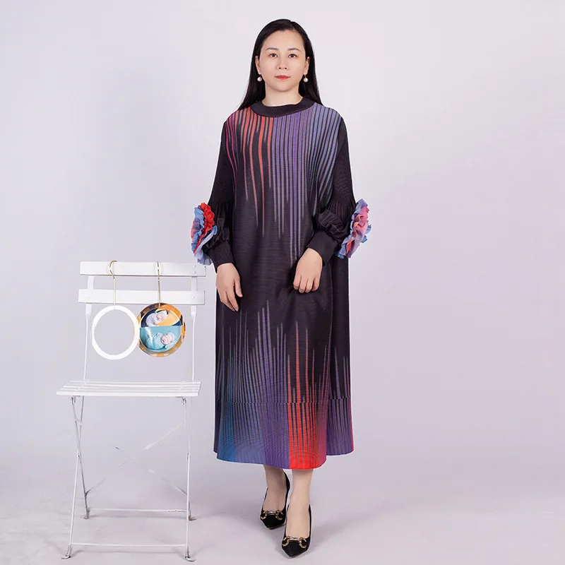 Spring 2023New Miyake Pleated Dresses Rainbow Embroidered Round Neck Long Sleeves Temperament Loose Fashion Women's Summer Dress