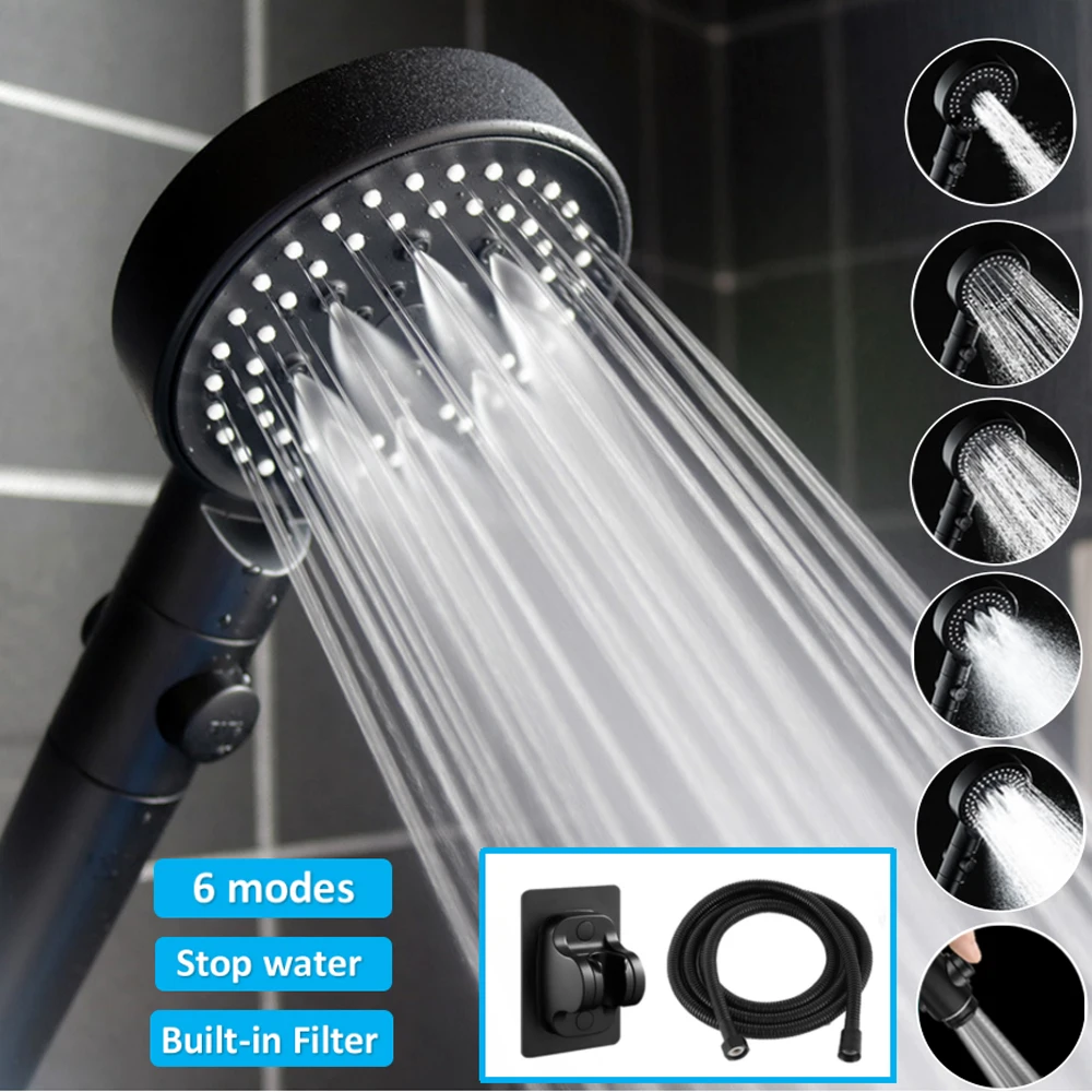 High Pressure Water Saving Black Pressurized Showerhead with Hose and Holder 6 Modes Filter Eco Shower Head Bathroom Accessories