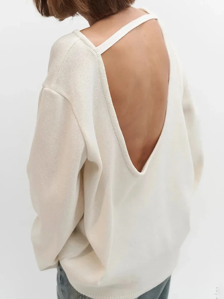

Spring New Female SweatersBlue Pullover Women Backless Loose Knit Hollow Out Casual Long Sleeve Sweater