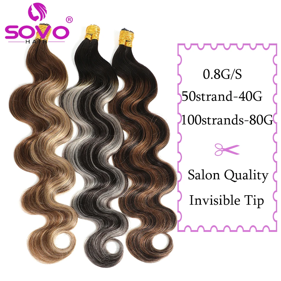 Pré Bonded Queratina Stick, Remy Extensão do Cabelo Humano, I-Tip Hair Extension Piece, Onda Corporal Suave, 0.8G/Strand para Salon Supply