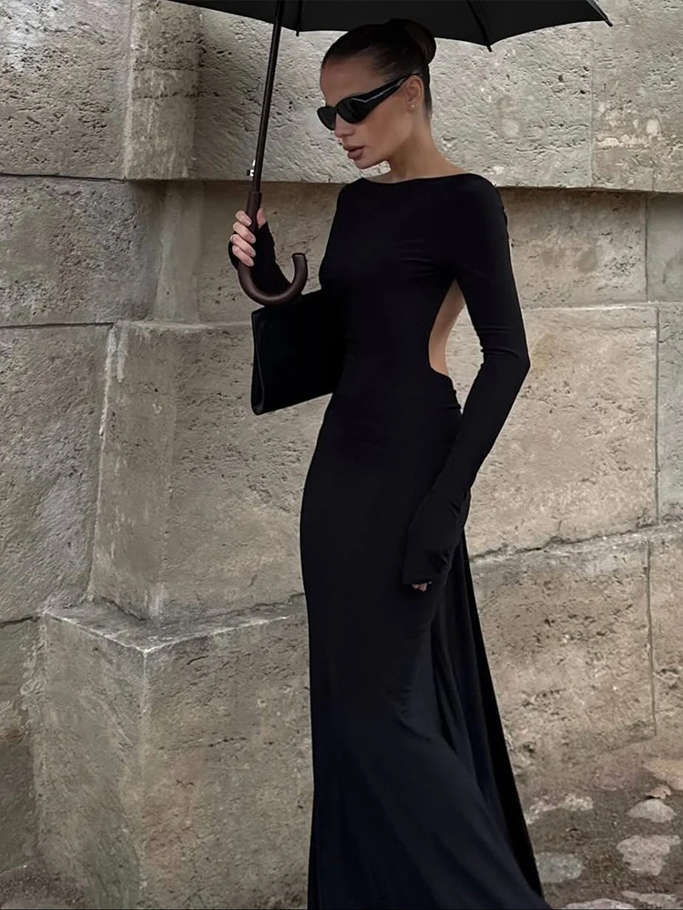 Kliou Metal Chain Backless Elegant Long Dresses Woman o-Neck Full Sleeve Skinny High Waist Midnight Prom Party Classic Vestidos