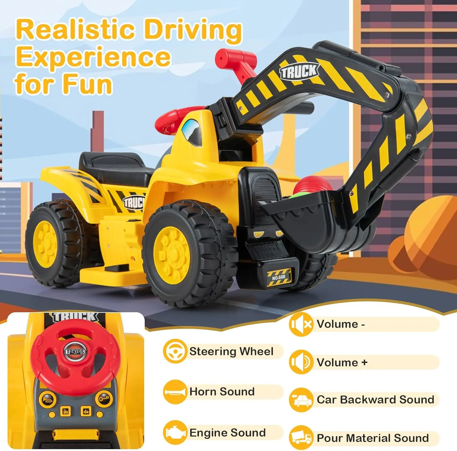 Electric Ride on Push Car, Toddler Bulldozer Digger w/Balls & Basketball Hoop, Outdoor Digging Scoop, Flexible Bucket, 6V Ride o