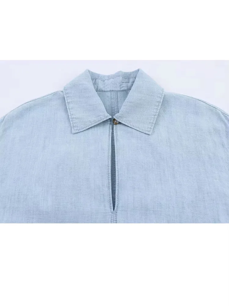 HH Camicie a maniche lunghe con colletto rovesciato moda donna estiva + tasche sottili con bottoni con cerniera Pantaloni dritti Set da 2 pezzi in denim