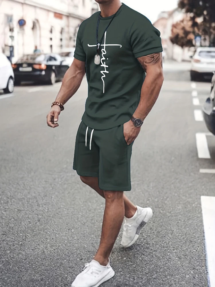 

2026 Fashion Casual Summer Outdoor Sports Set Men's Cross Print Breathable T-Shirt and Shorts Casual Fashion Two-Piece Set