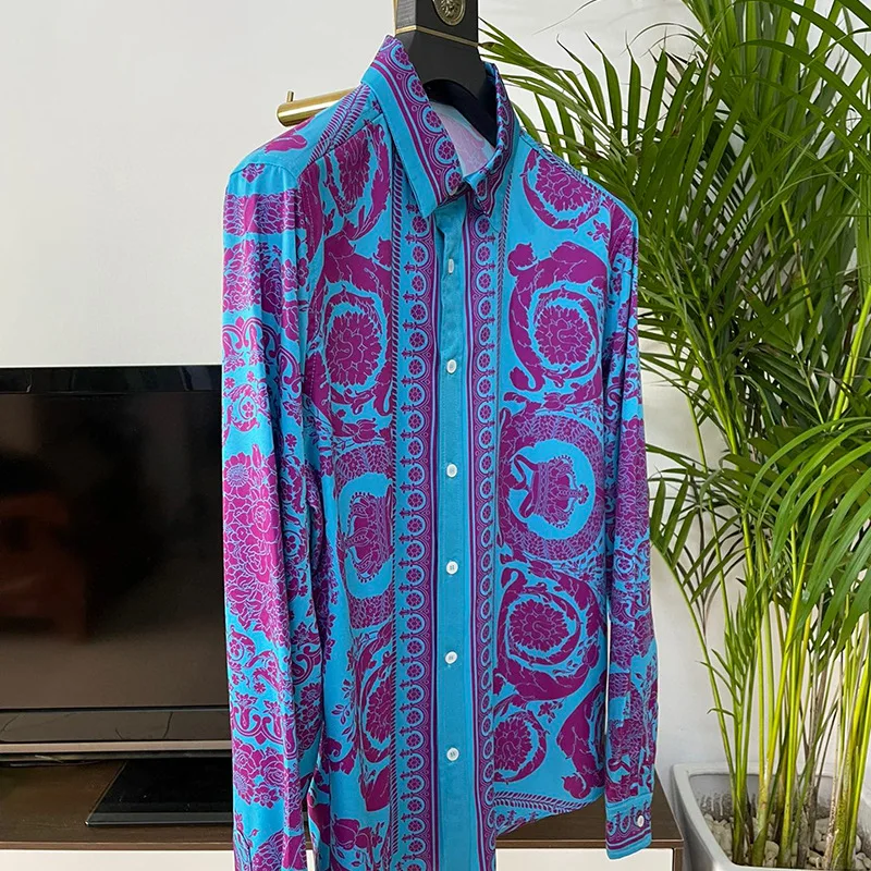 Long-sleeved shirts  pure purple printed men\'s shirts  light and light  can be worn outside  luxurious  wide  loose and casual