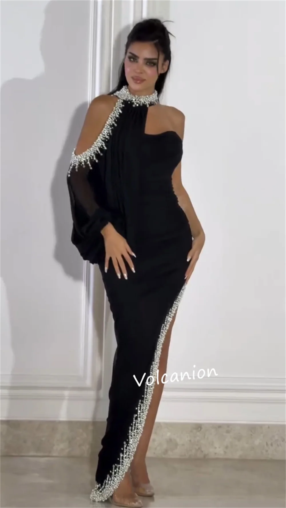 Customized Chiffon Beading Draped One-shoulder Asymmetrical Midi Dresses Bespoke Occasion Exquisite Fashion Matching